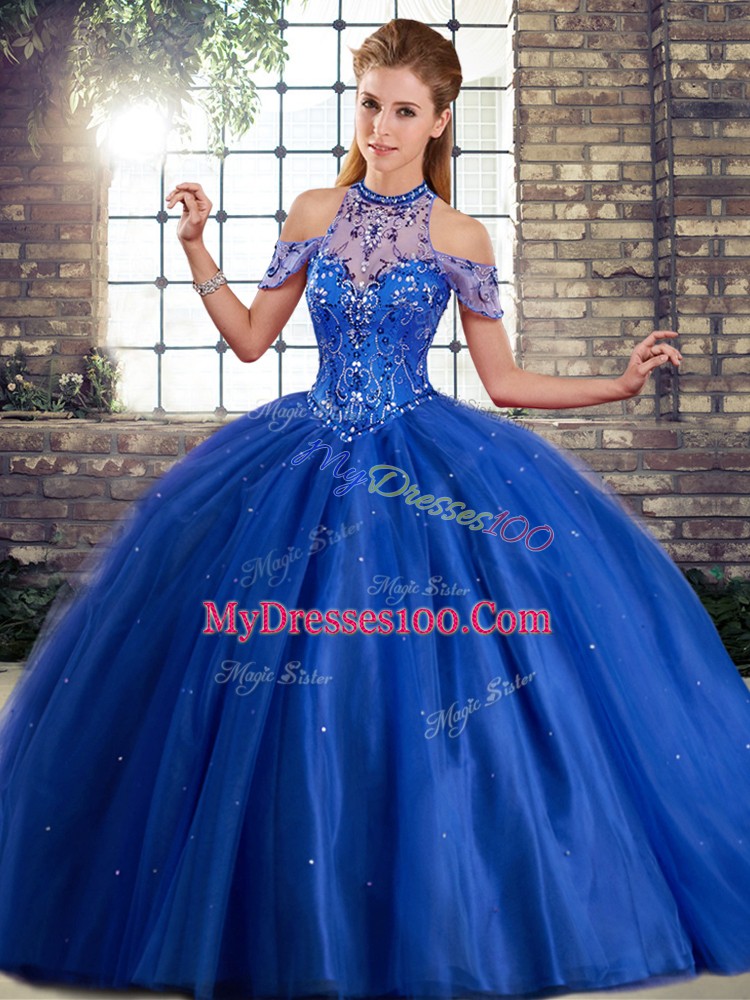 Dramatic Royal Blue Tulle Lace Up Halter Top Sleeveless Sweet 16 Dresses Brush Train Beading