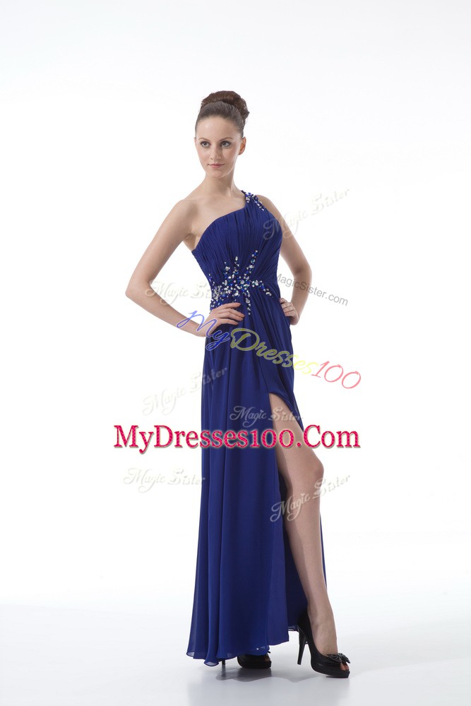 Superior Sleeveless Chiffon Floor Length Backless in Royal Blue with Beading and Ruching