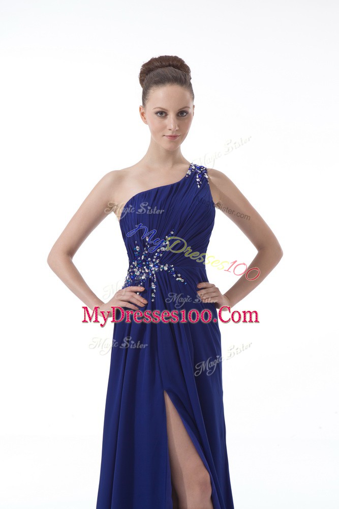 Superior Sleeveless Chiffon Floor Length Backless in Royal Blue with Beading and Ruching