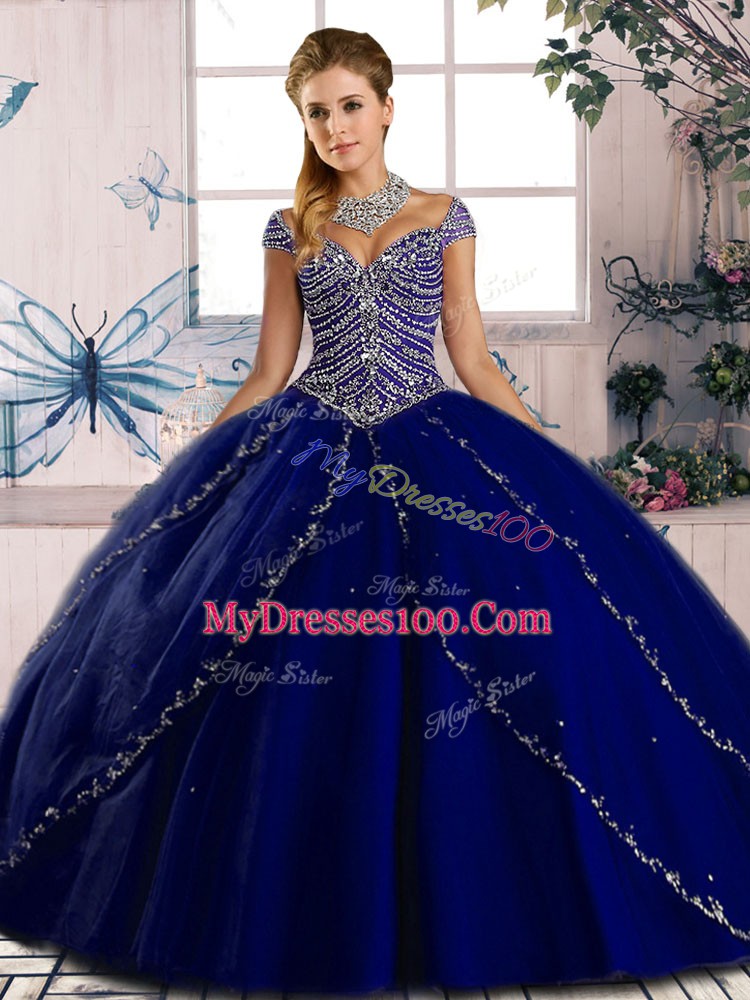 Glamorous Royal Blue Cap Sleeves Brush Train Beading Quinceanera Dress