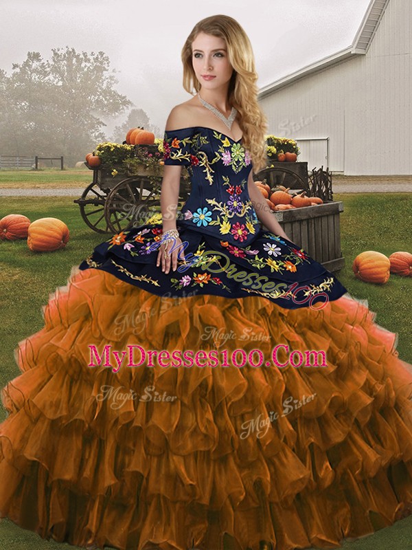 Off The Shoulder Sleeveless Lace Up 15th Birthday Dress Rust Red Organza