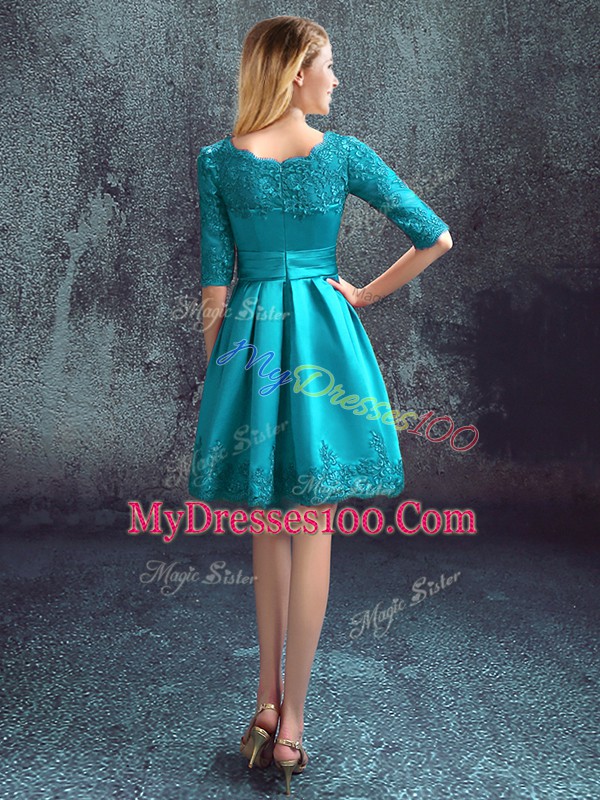 Teal Half Sleeves Lace Knee Length Wedding Guest Dresses