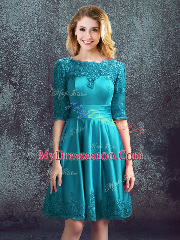 Teal Half Sleeves Lace Knee Length Wedding Guest Dresses