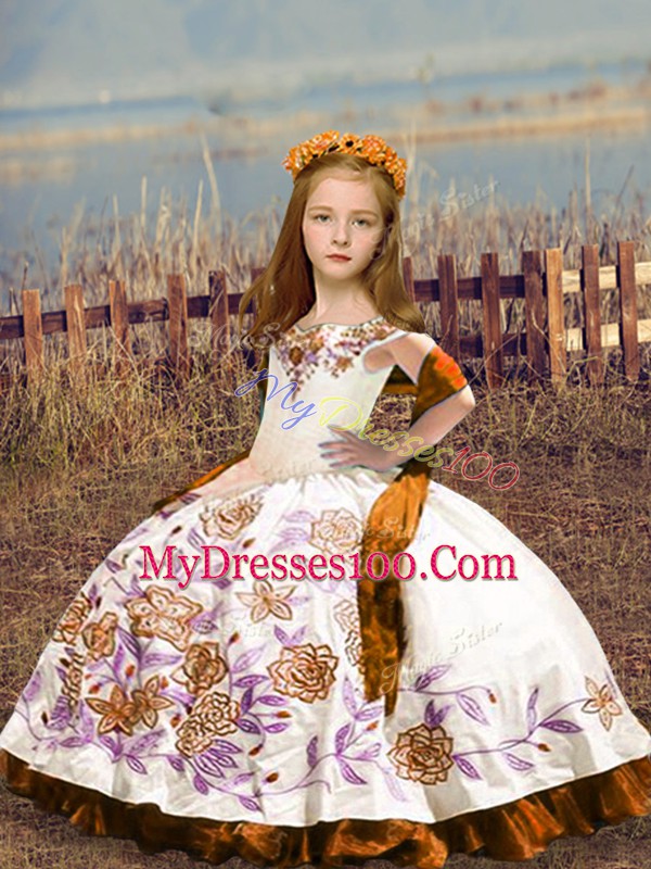 Dazzling Floor Length Lace Up Pageant Dress Womens White for Wedding Party with Embroidery