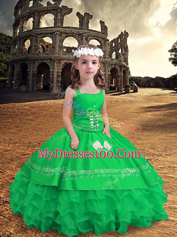 Sleeveless Zipper Floor Length Embroidery and Ruffled Layers Little Girls Pageant Gowns