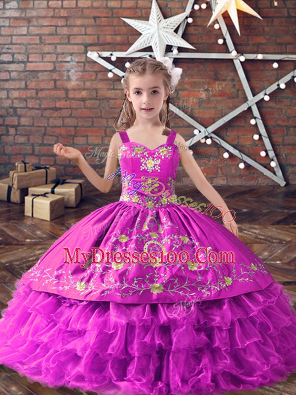Floor Length Lilac Kids Formal Wear Satin and Organza Sleeveless Embroidery and Ruffled Layers