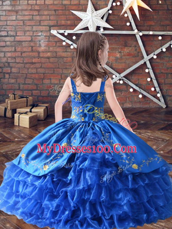 Floor Length Lilac Kids Formal Wear Satin and Organza Sleeveless Embroidery and Ruffled Layers