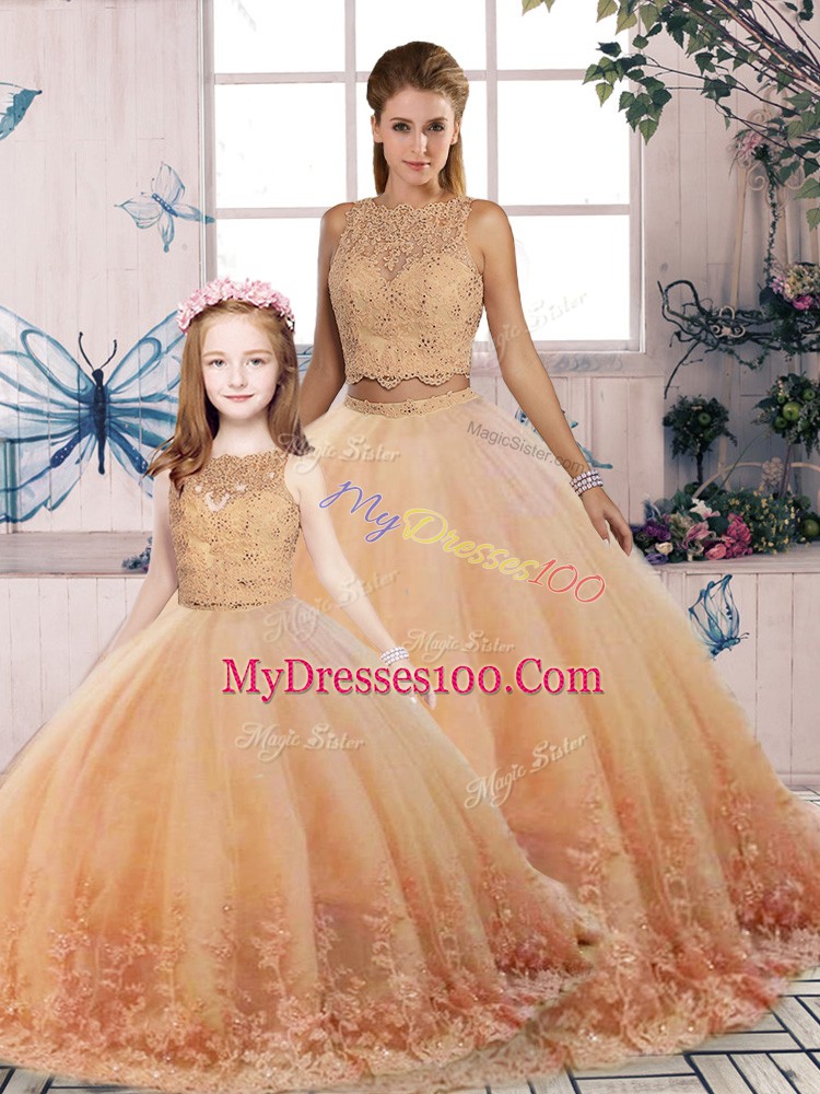 Glittering Sleeveless Sweep Train Backless Lace Ball Gown Prom Dress