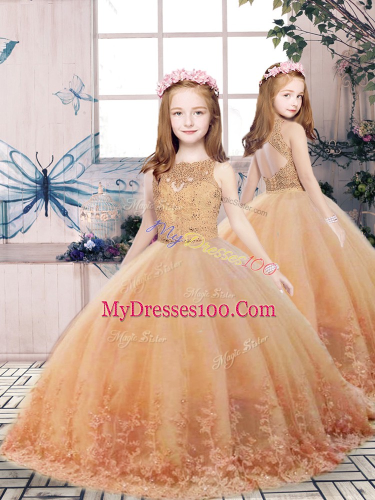 Glittering Sleeveless Sweep Train Backless Lace Ball Gown Prom Dress
