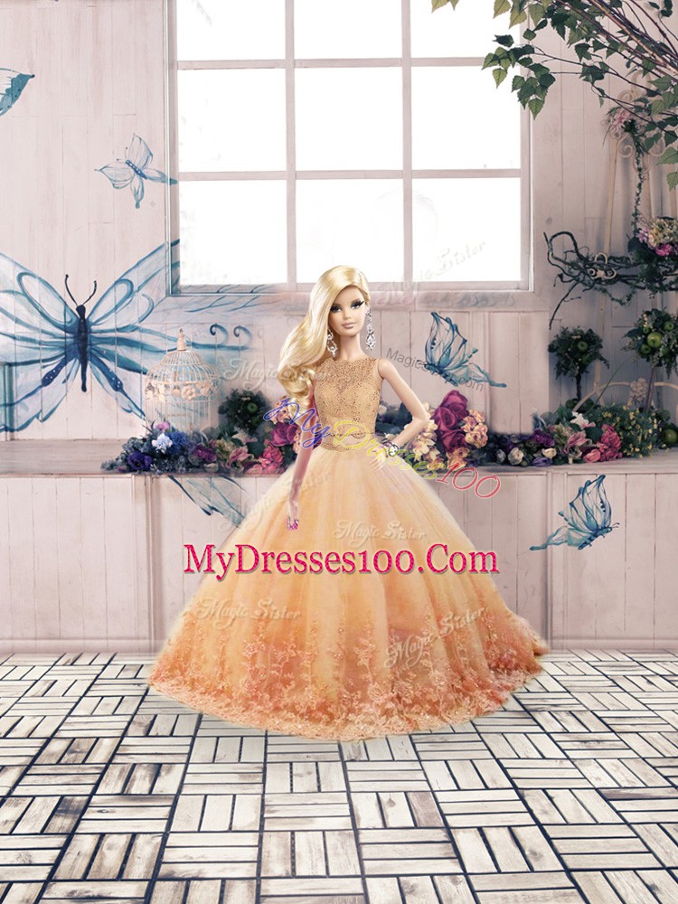 Glittering Sleeveless Sweep Train Backless Lace Ball Gown Prom Dress