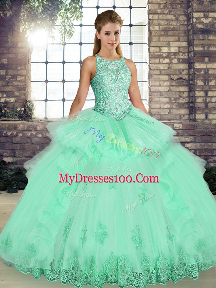 Hot Sale Apple Green Sleeveless Lace and Embroidery and Ruffles Floor Length Sweet 16 Dresses