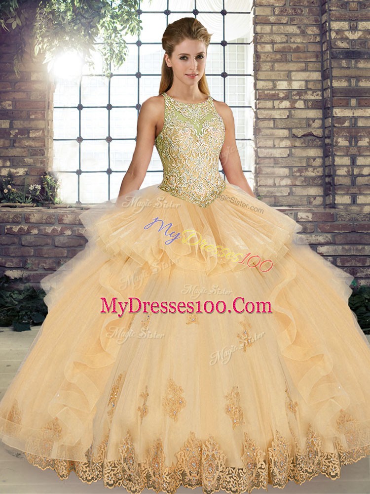 Affordable Tulle Scoop Sleeveless Lace Up Lace and Embroidery and Ruffles Sweet 16 Quinceanera Dress in Champagne