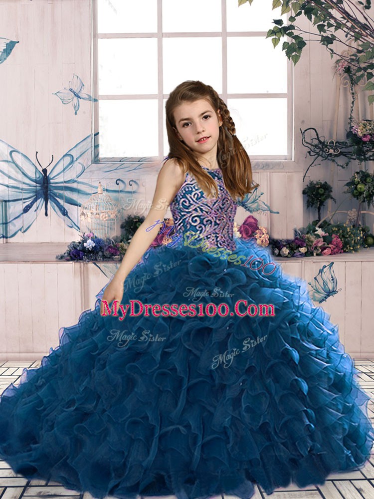 Dazzling Navy Blue Pageant Dress Party and Military Ball and Wedding Party with Beading and Ruffles Scoop Sleeveless Lace Up