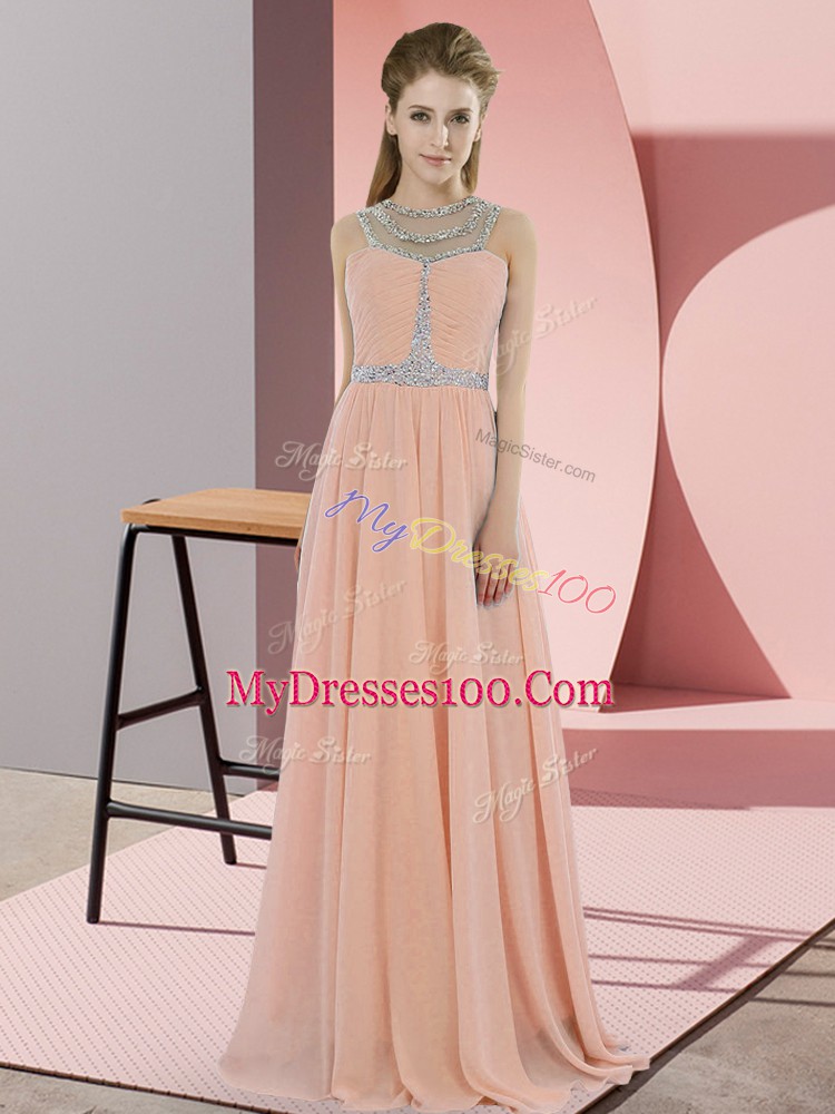 Glamorous Sleeveless Chiffon Floor Length Zipper Prom Gown in Peach with Beading