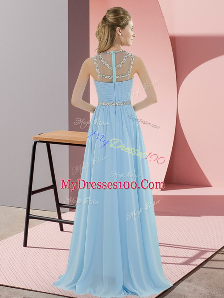 Glamorous Sleeveless Chiffon Floor Length Zipper Prom Gown in Peach with Beading