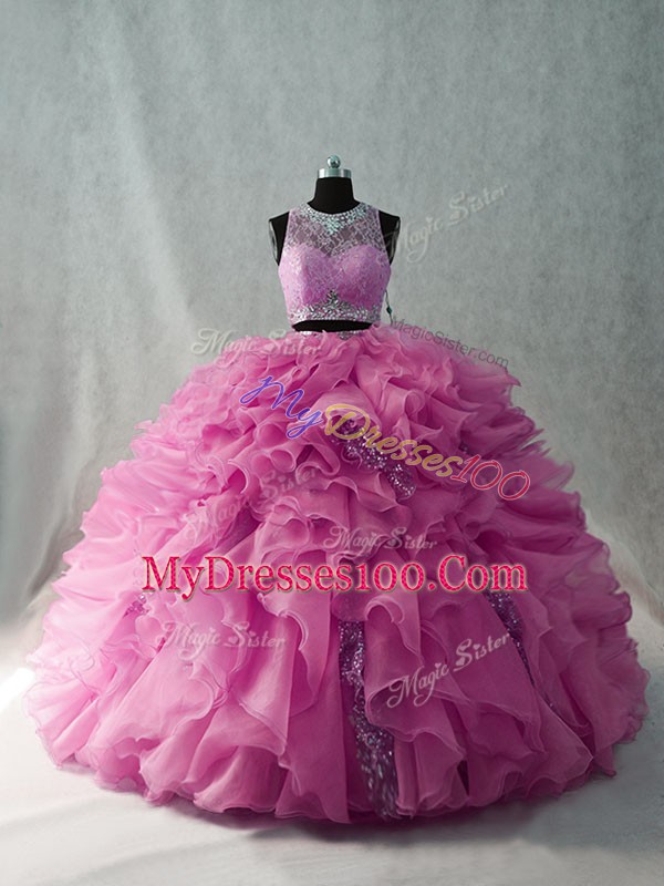 Colorful Pink Two Pieces Beading and Ruffles Ball Gown Prom Dress Organza