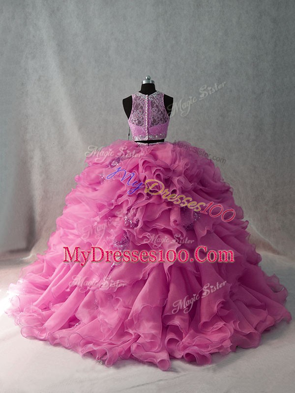 Colorful Pink Two Pieces Beading and Ruffles Ball Gown Prom Dress Organza