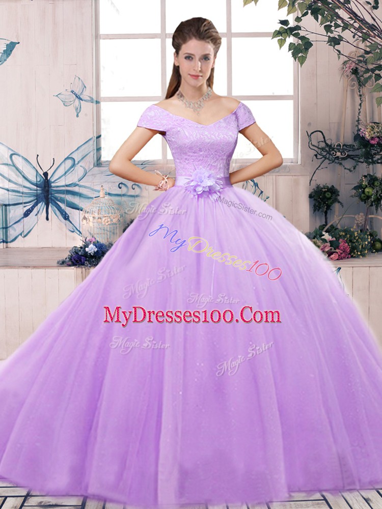 Super Floor Length Ball Gowns Short Sleeves Lavender Quinceanera Gowns Lace Up