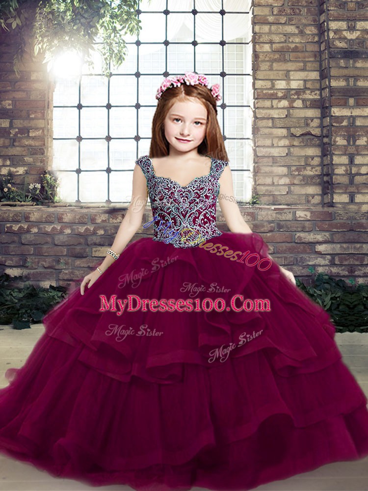 Fuchsia Sleeveless Floor Length Beading and Ruffles Lace Up Girls Pageant Dresses