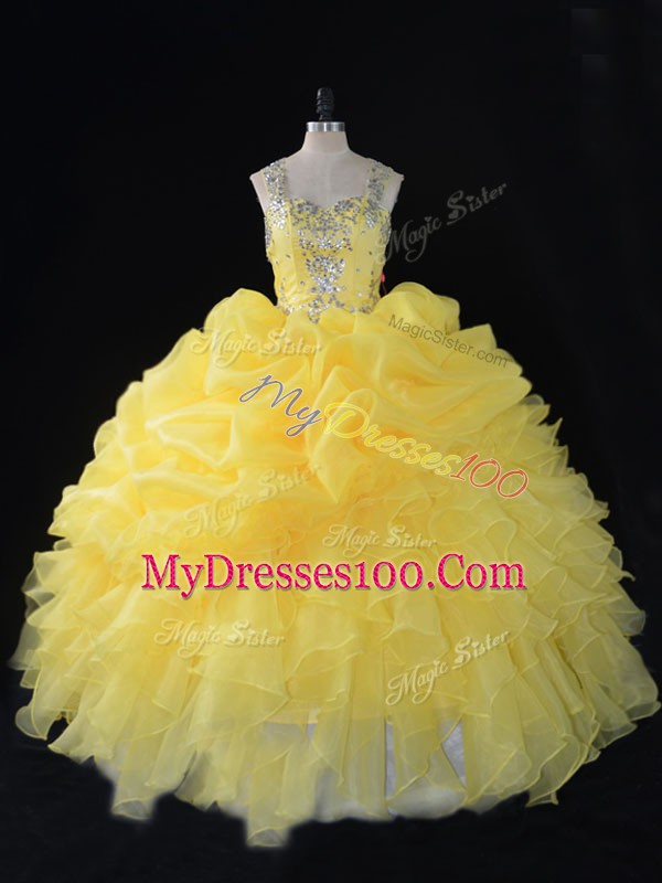 Dazzling Floor Length Yellow Sweet 16 Dress Straps Sleeveless Zipper