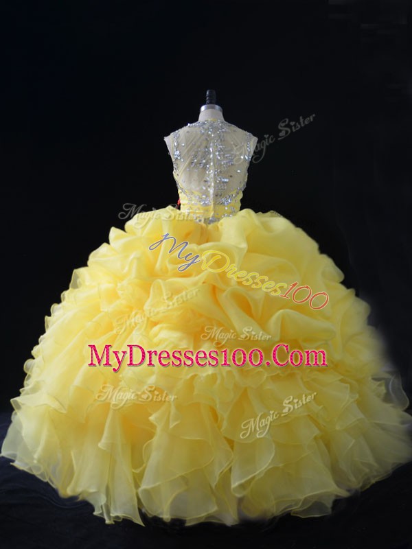 Dazzling Floor Length Yellow Sweet 16 Dress Straps Sleeveless Zipper