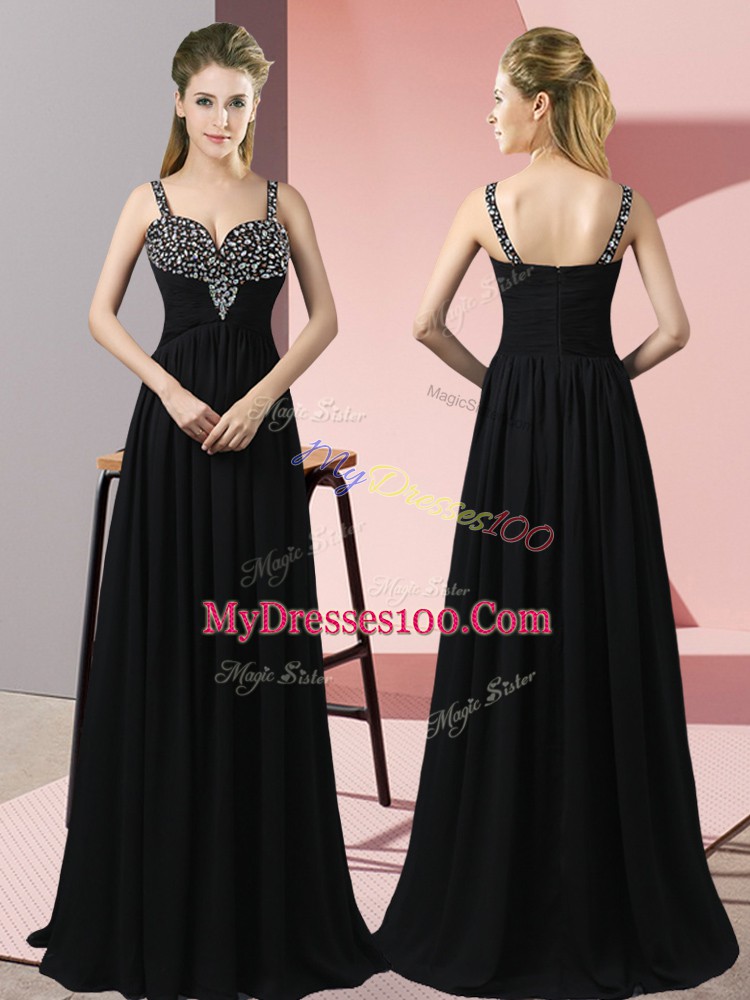 Luxurious Sleeveless Floor Length Beading Zipper Prom Dresses with Black