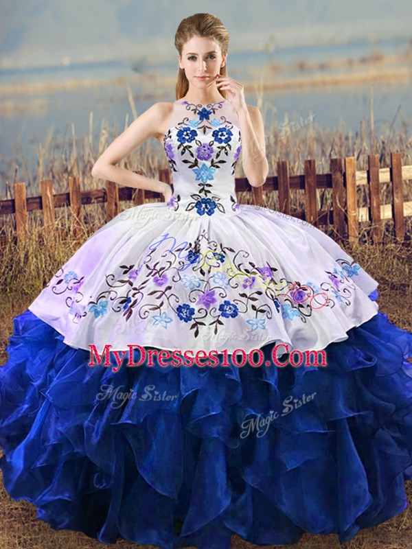 Cheap Blue And White Sleeveless Embroidery and Ruffles Floor Length Ball Gown Prom Dress