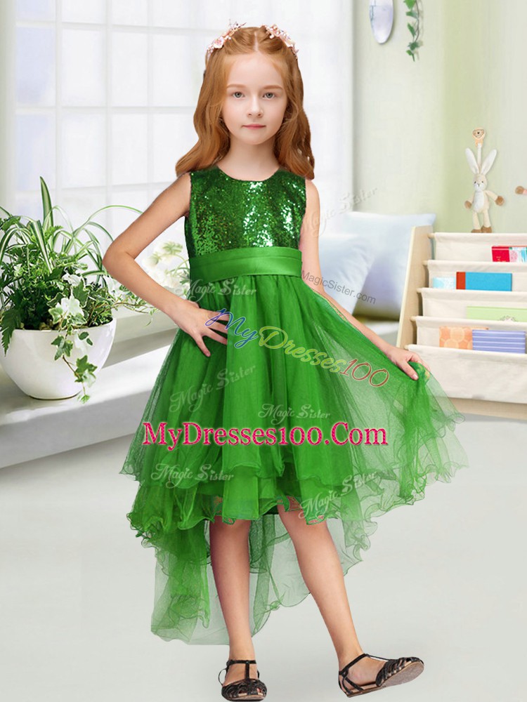 Sweet Green Sleeveless High Low Sequins and Bowknot Zipper Toddler Flower Girl Dress