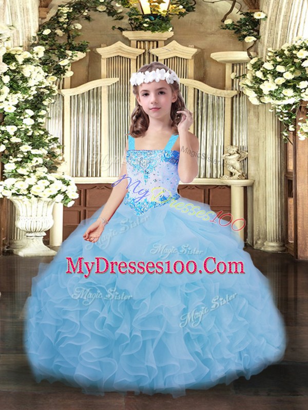 Sweet Blue Lace Up Straps Beading and Ruffles and Pick Ups Pageant Dress Womens Organza Sleeveless