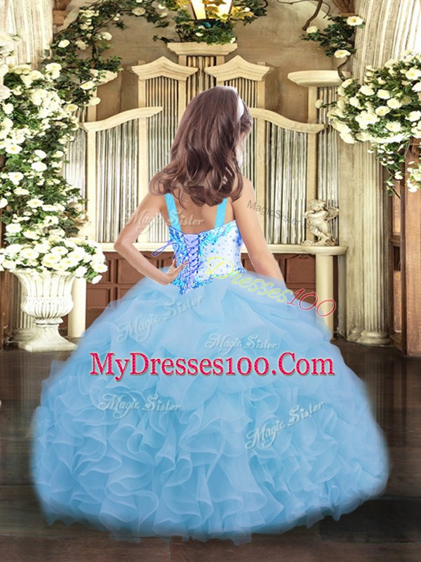 Sweet Blue Lace Up Straps Beading and Ruffles and Pick Ups Pageant Dress Womens Organza Sleeveless
