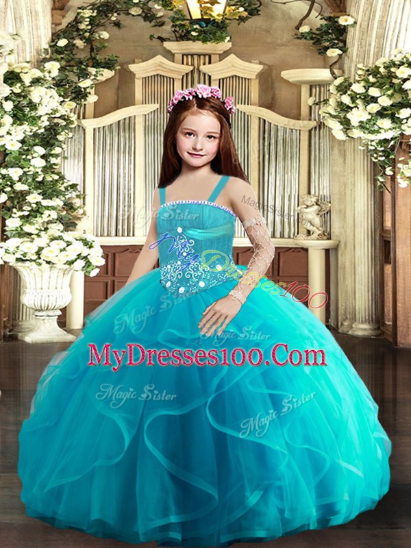 Glorious Baby Blue Straps Neckline Beading and Ruffles Little Girls Pageant Dress Wholesale Sleeveless Lace Up