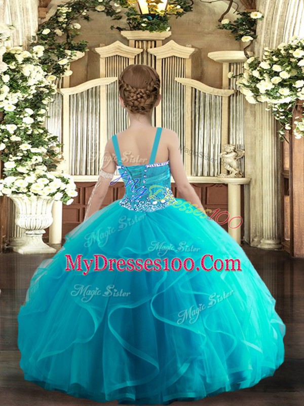 Glorious Baby Blue Straps Neckline Beading and Ruffles Little Girls Pageant Dress Wholesale Sleeveless Lace Up