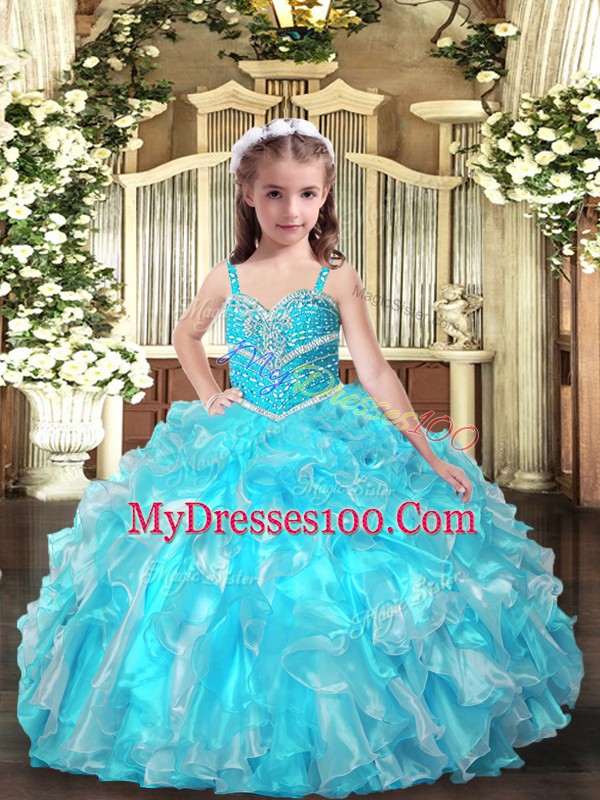 Sleeveless Lace Up Floor Length Beading and Ruffles Little Girl Pageant Gowns