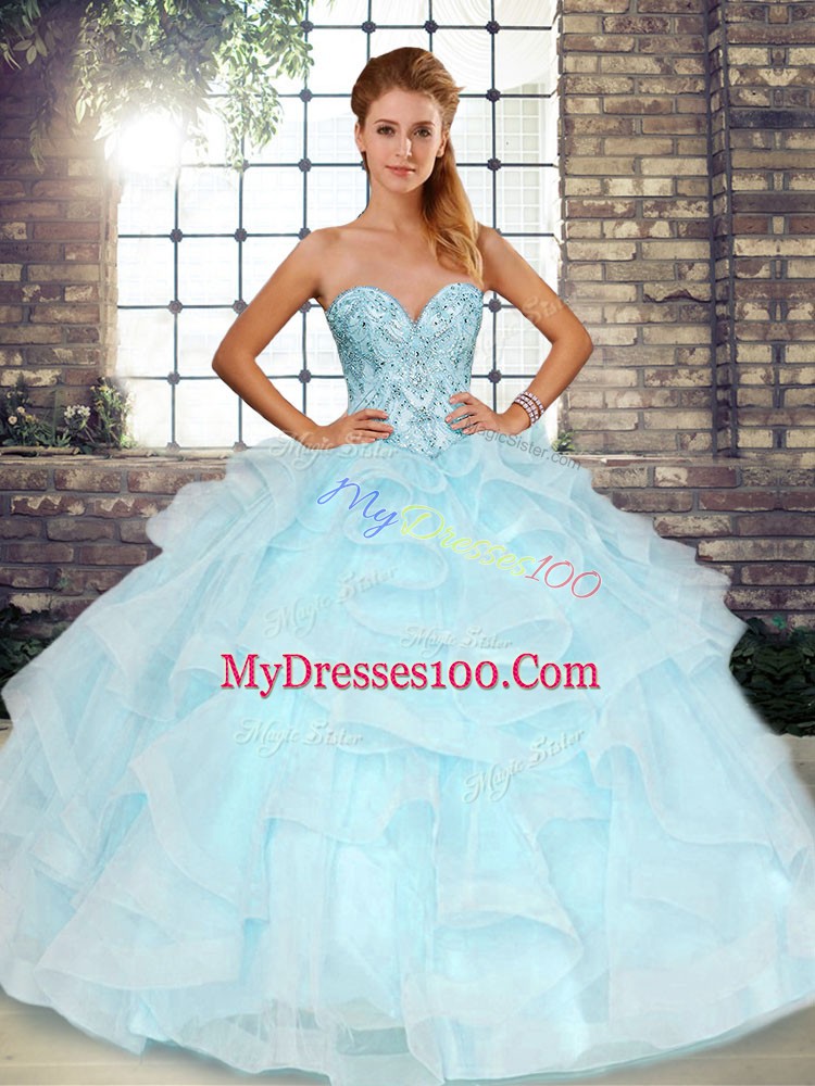 Glamorous Sleeveless Floor Length Beading and Ruffles Lace Up 15 Quinceanera Dress with Light Blue