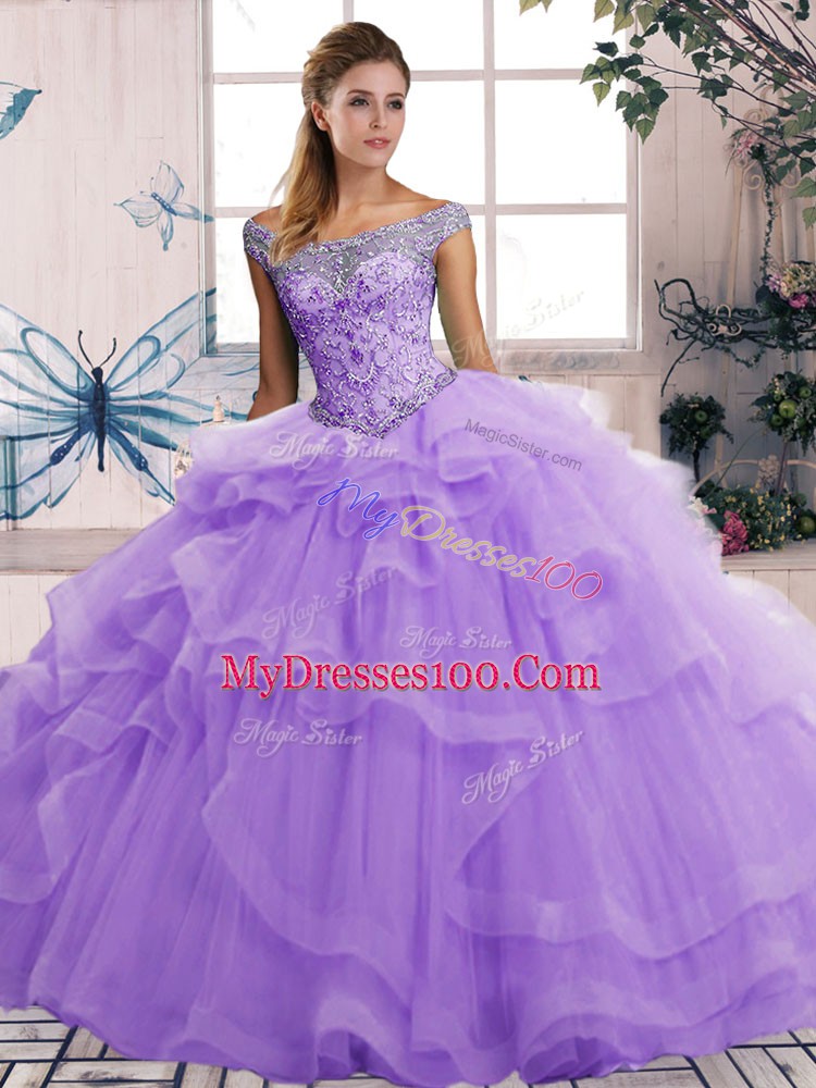 Lavender Quinceanera Gowns Military Ball and Sweet 16 and Quinceanera with Beading and Ruffles Off The Shoulder Sleeveless Lace Up