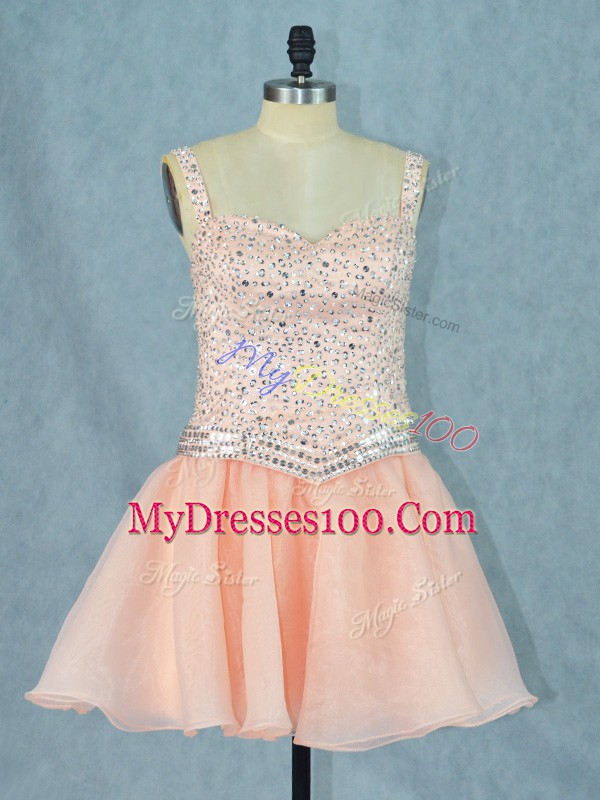 Peach Sleeveless Mini Length Beading Lace Up Cocktail Dresses