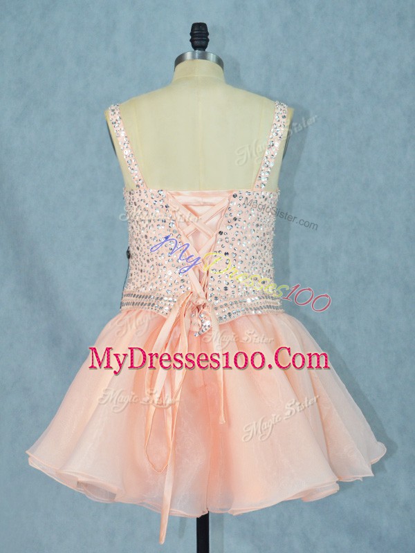 Peach Sleeveless Mini Length Beading Lace Up Cocktail Dresses