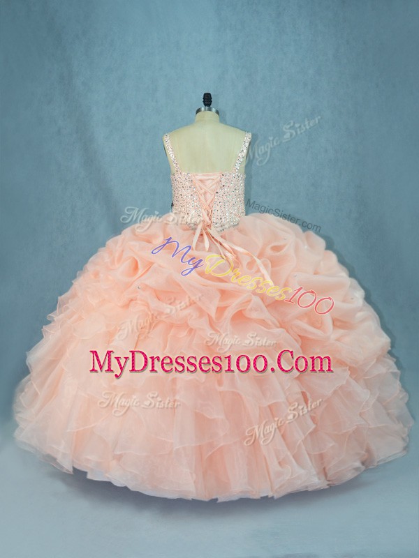 Low Price Peach Sweet 16 Dress Sweet 16 and Quinceanera with Beading Straps Sleeveless Lace Up