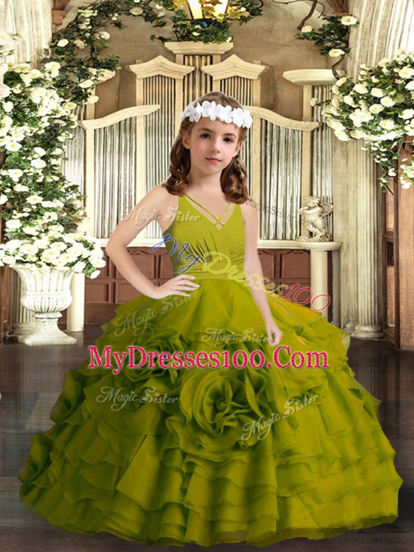Floor Length Ball Gowns Sleeveless Olive Green Pageant Gowns For Girls Zipper