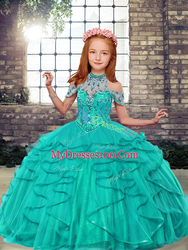High Quality Floor Length Turquoise Little Girls Pageant Dress High-neck Sleeveless Lace Up