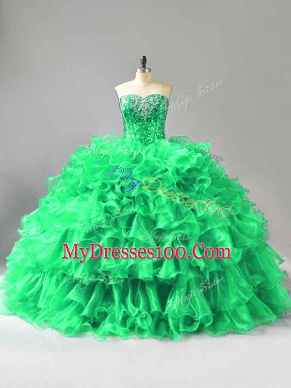 Modern Sweetheart Sleeveless 15th Birthday Dress Beading and Ruffles Green Organza