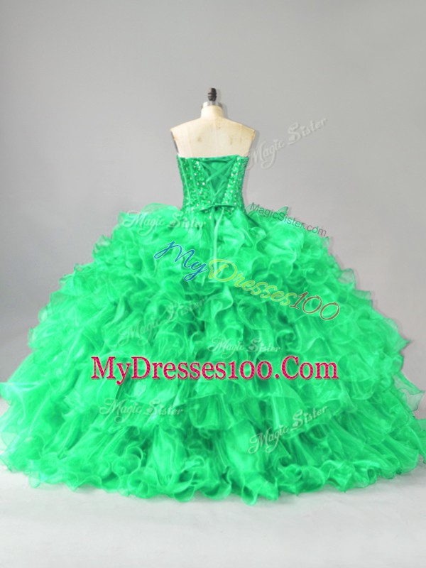 Modern Sweetheart Sleeveless 15th Birthday Dress Beading and Ruffles Green Organza