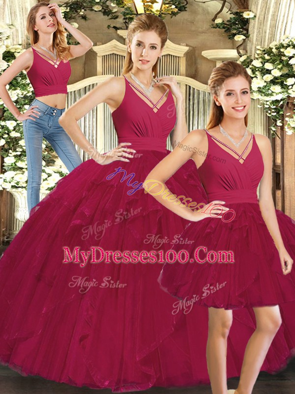 Ball Gowns Sweet 16 Dress Red V-neck Tulle Sleeveless Floor Length Lace Up