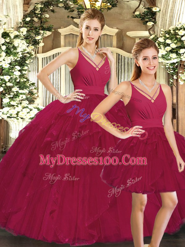 Ball Gowns Sweet 16 Dress Red V-neck Tulle Sleeveless Floor Length Lace Up