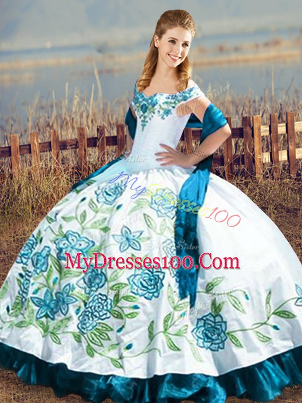 Blue And White Sleeveless Satin Lace Up Ball Gown Prom Dress for Sweet 16 and Quinceanera
