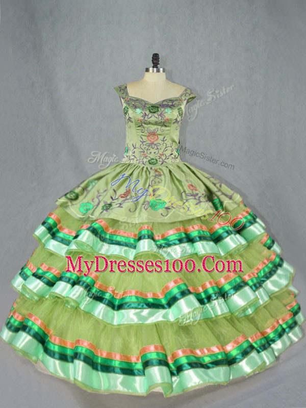 Sleeveless Lace Up Floor Length Embroidery and Ruffled Layers Sweet 16 Dresses