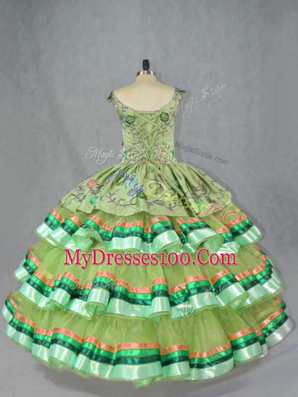 Sleeveless Lace Up Floor Length Embroidery and Ruffled Layers Sweet 16 Dresses