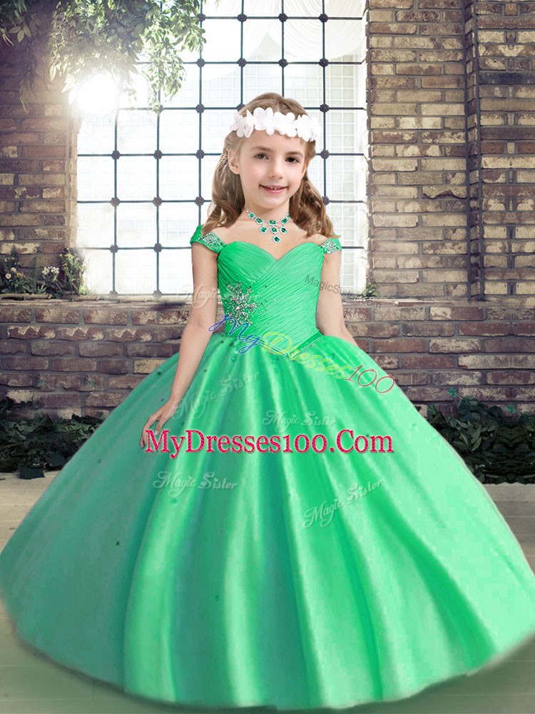 Apple Green Lace Up Straps Beading Pageant Gowns For Girls Tulle Sleeveless
