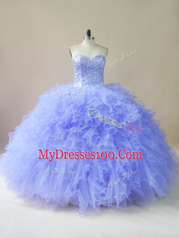 Stylish Sweetheart Sleeveless Sweet 16 Quinceanera Dress Floor Length Beading and Ruffles Lavender Tulle