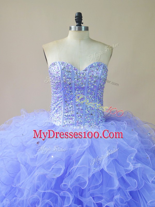Stylish Sweetheart Sleeveless Sweet 16 Quinceanera Dress Floor Length Beading and Ruffles Lavender Tulle